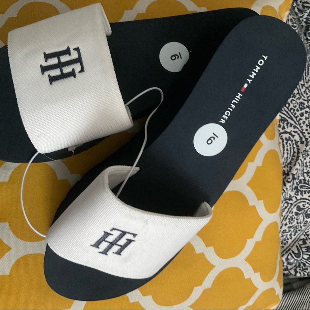 Tommy Hilfiger Black and White Platform Slides